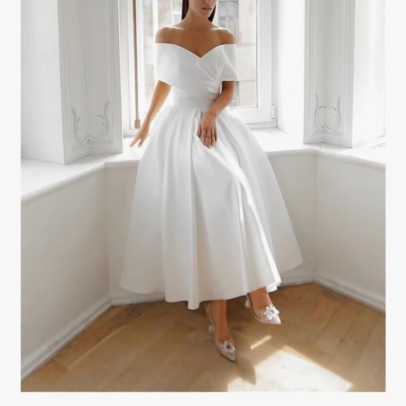 NWT Wirunsy Ivory Off the Shoulder Satin Gown (tea length) - Picture 2 of 13